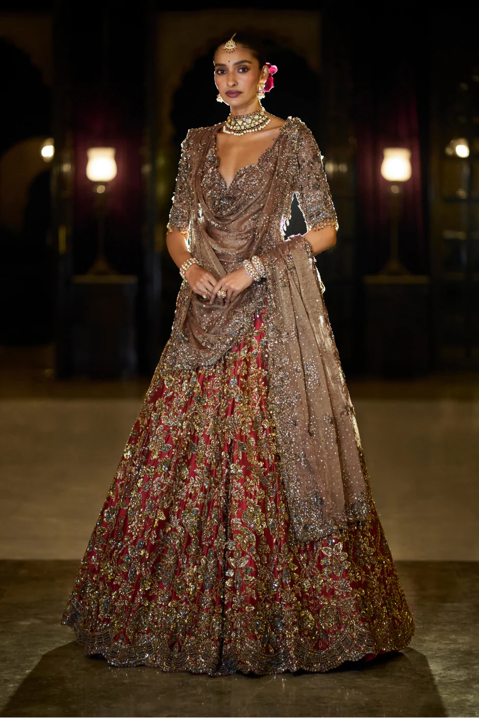 Seema Gujral - Antique Gold Maroon Lehenga Set