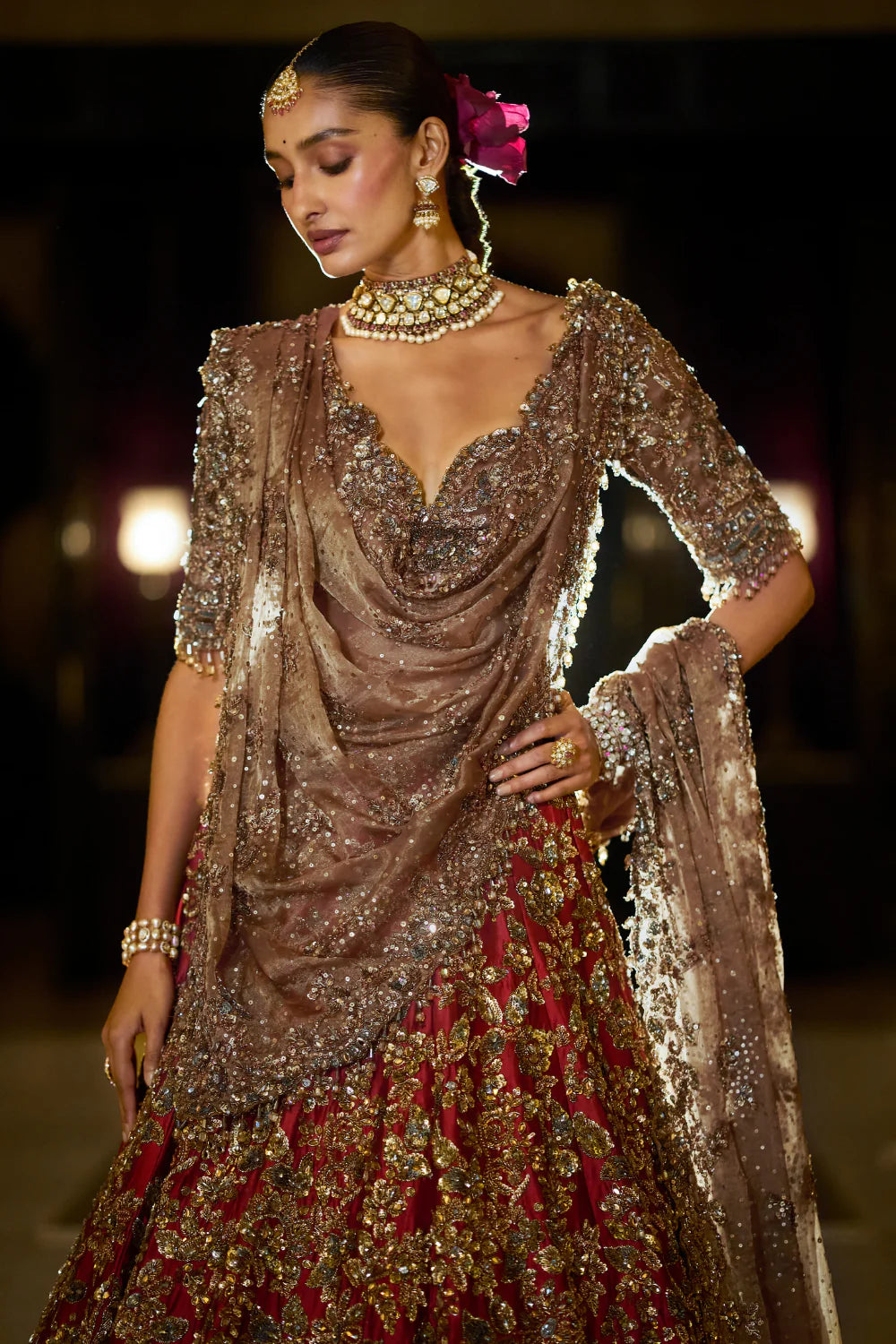 Seema Gujral - Antique Gold Maroon Lehenga Set