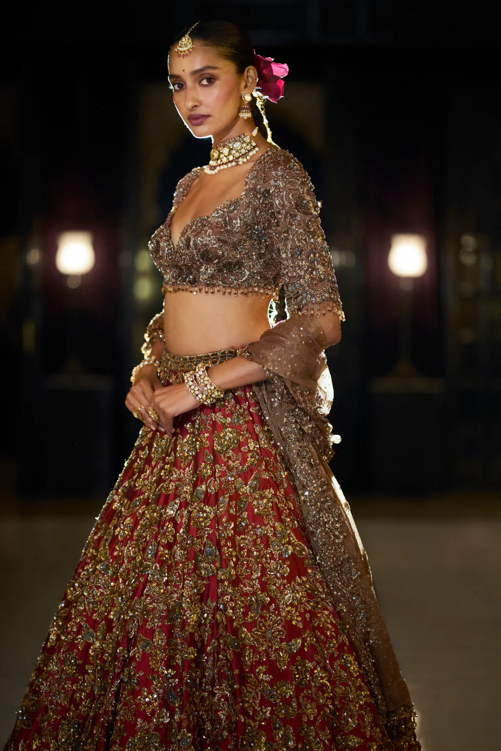 Seema Gujral - Antique Gold Maroon Lehenga Set