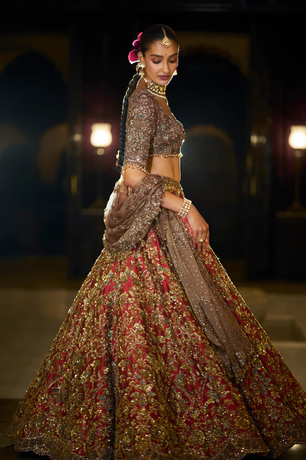 Seema Gujral - Antique Gold Maroon Lehenga Set