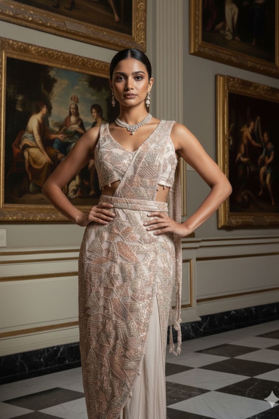 Champagne Pre-Stitched Sequin Saree Gown