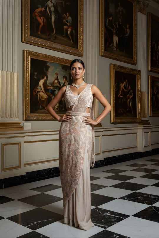 Champagne Pre-Stitched Sequin Saree Gown