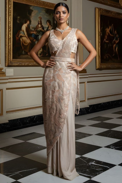 Champagne Pre-Stitched Sequin Saree Gown