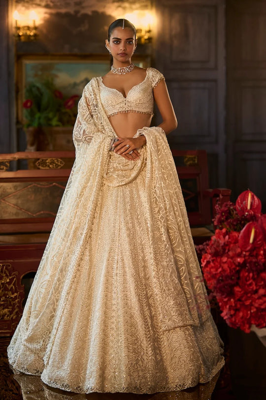 Seema Gujral - Ivory Crystal Lehenga Set