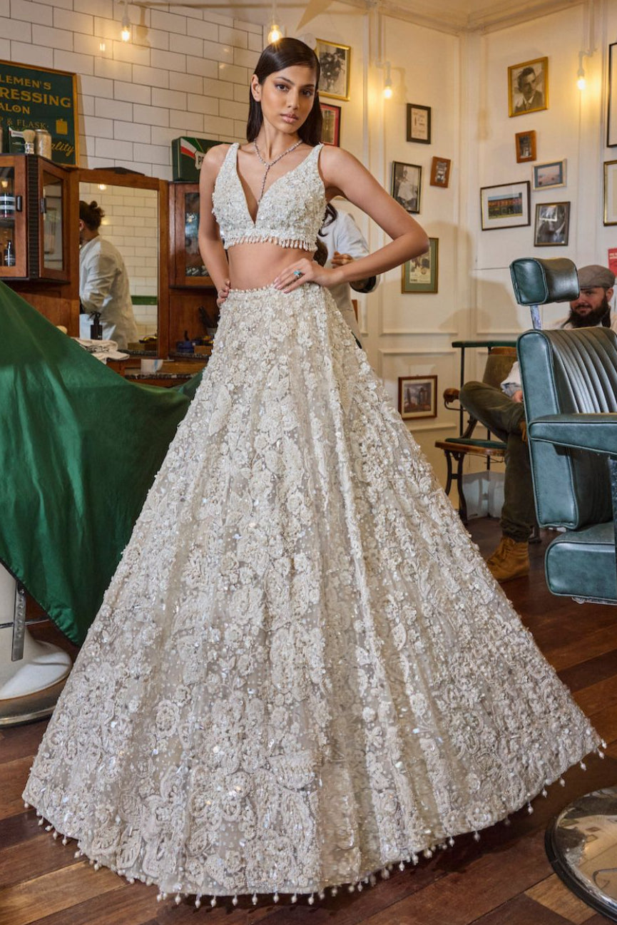 Seema Gujral - Ivory Three-Dimensional Floral Lehenga Set