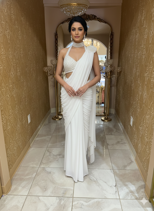 Ivory White Pre-Draped Saree