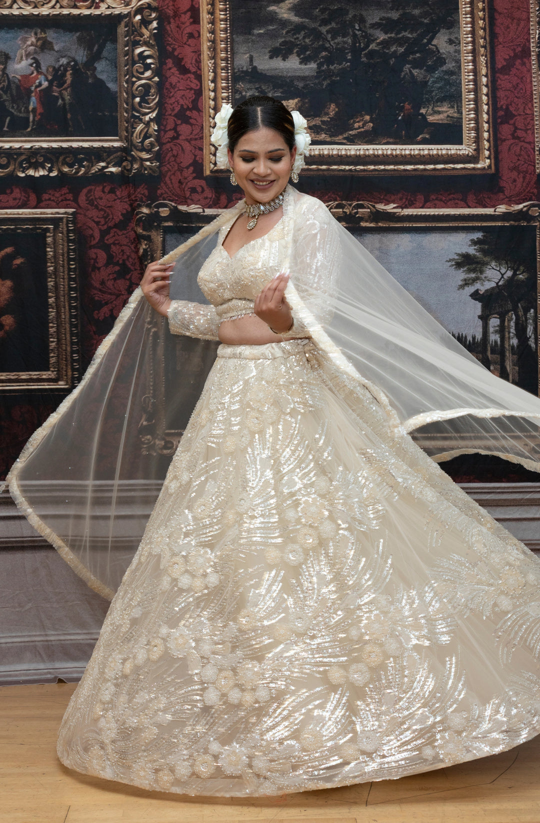 Esha – Ivory Pearl Hand-Embroidered Lehenga
