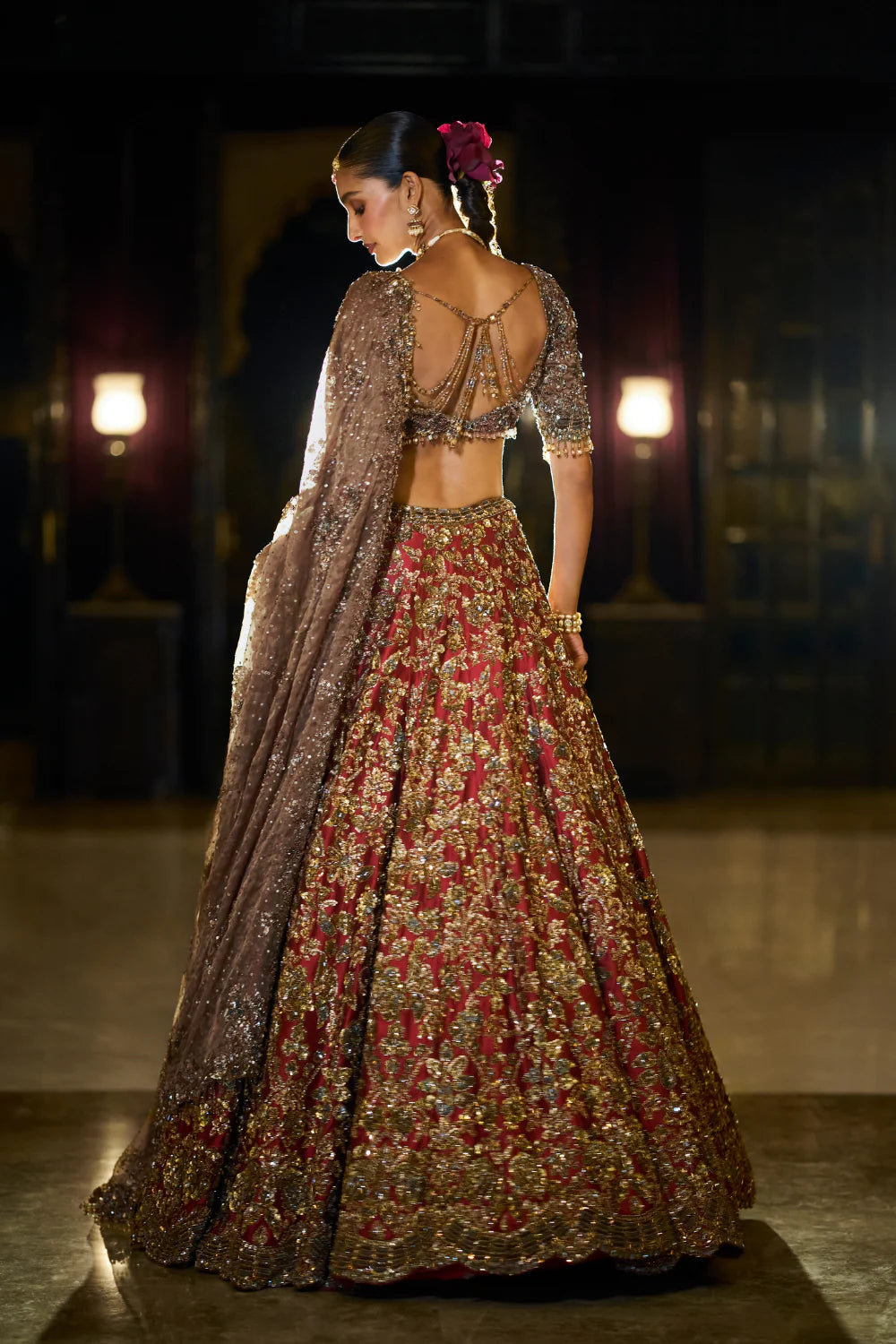 Seema Gujral - Antique Gold Maroon Lehenga Set