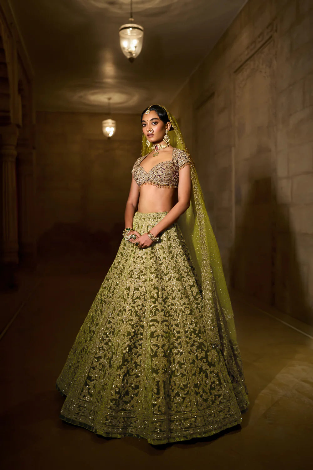 Seema Gujral - Green Velvet Zardosi Lehenga Set