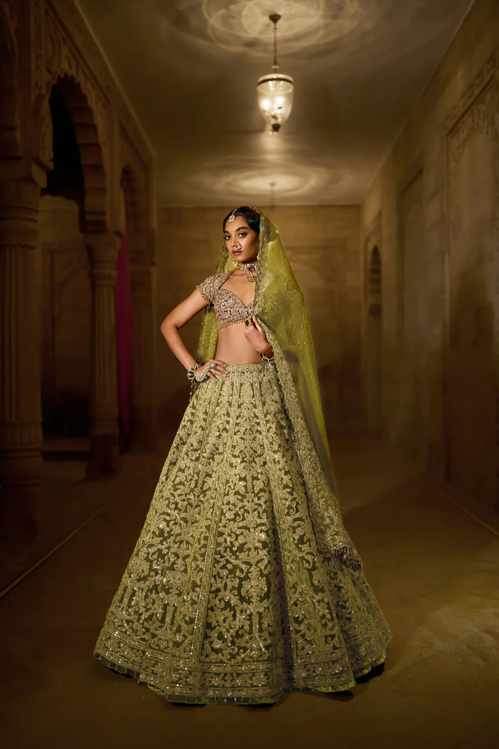 Seema Gujral - Green Velvet Zardosi Lehenga Set