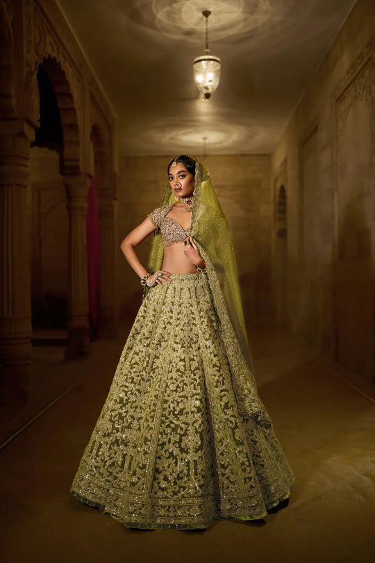 Seema Gujral - Green Velvet Zardosi Lehenga Set