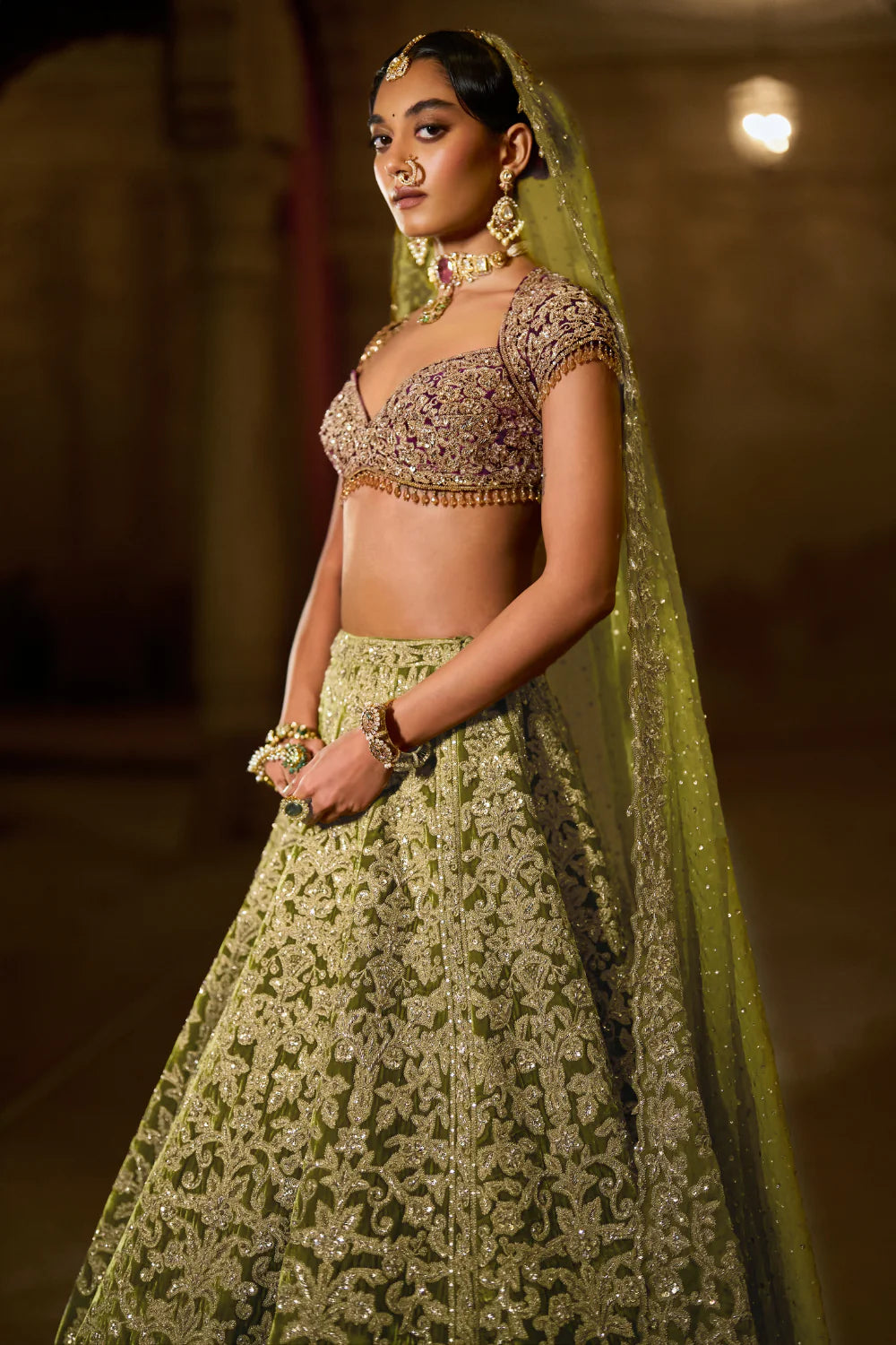 Seema Gujral - Green Velvet Zardosi Lehenga Set