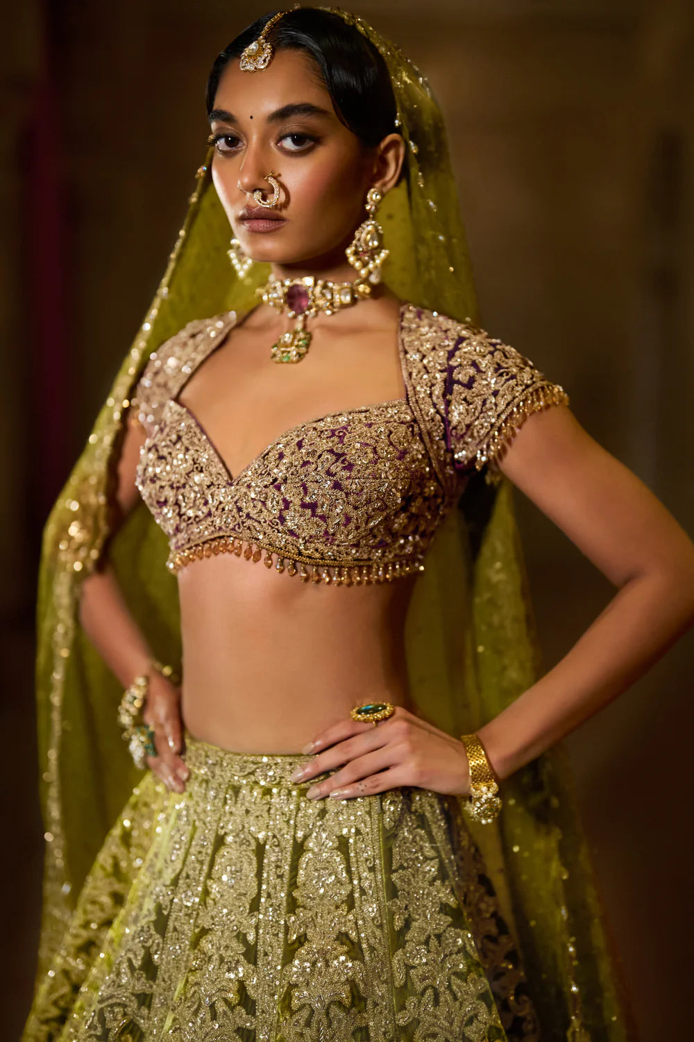 Seema Gujral - Green Velvet Zardosi Lehenga Set