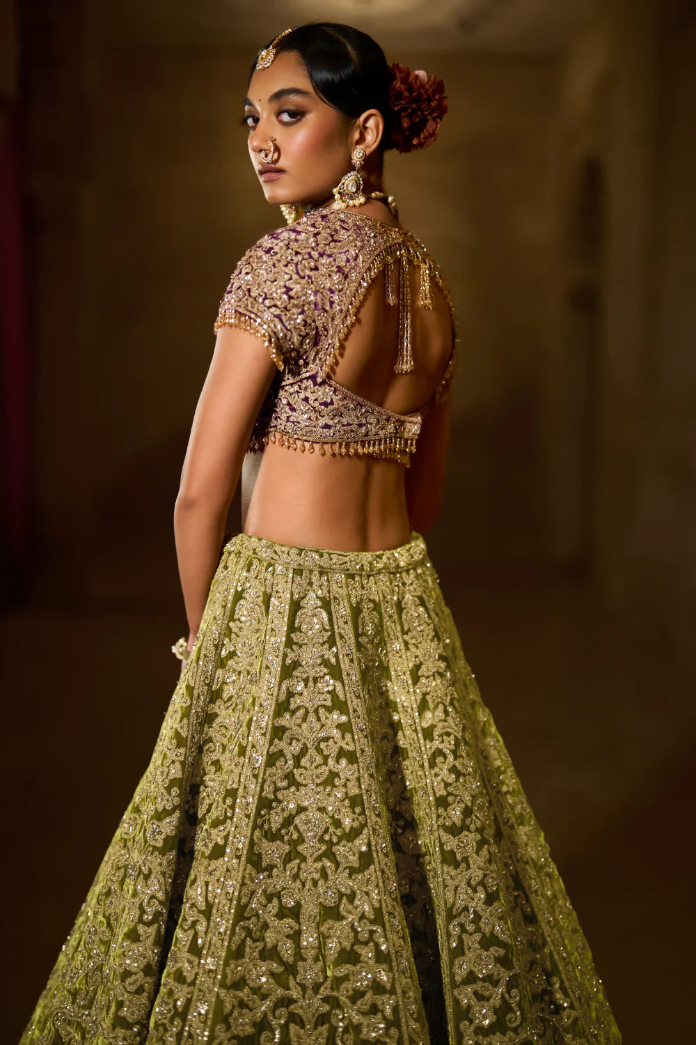 Seema Gujral - Green Velvet Zardosi Lehenga Set