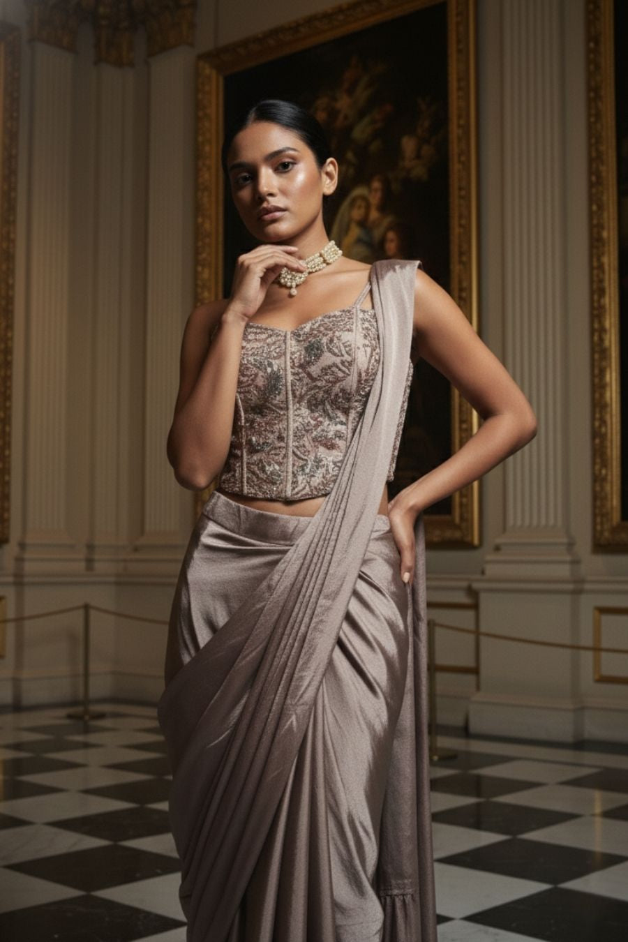 Taupe Silk Pre-Draped Saree with Embroidered Corset Blouse