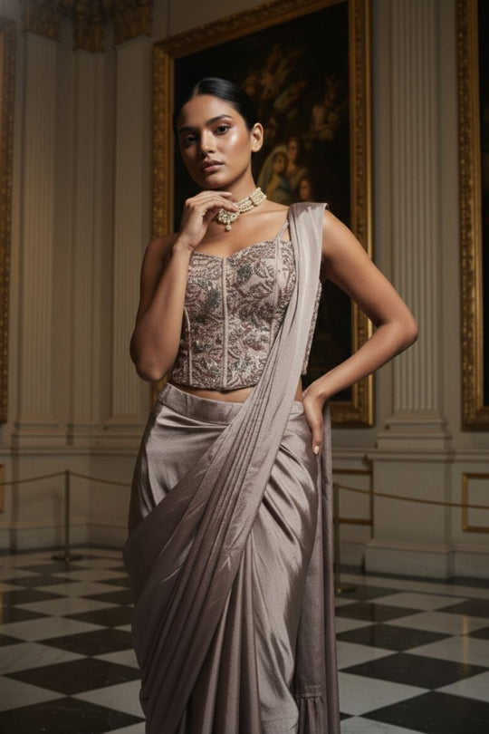 Taupe Silk Pre-Draped Saree with Embroidered Corset Blouse