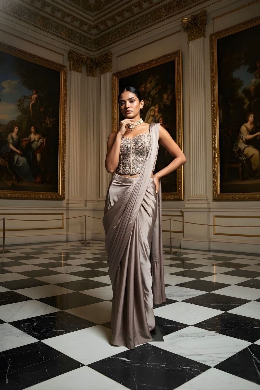 Taupe Silk Pre-Draped Saree with Embroidered Corset Blouse