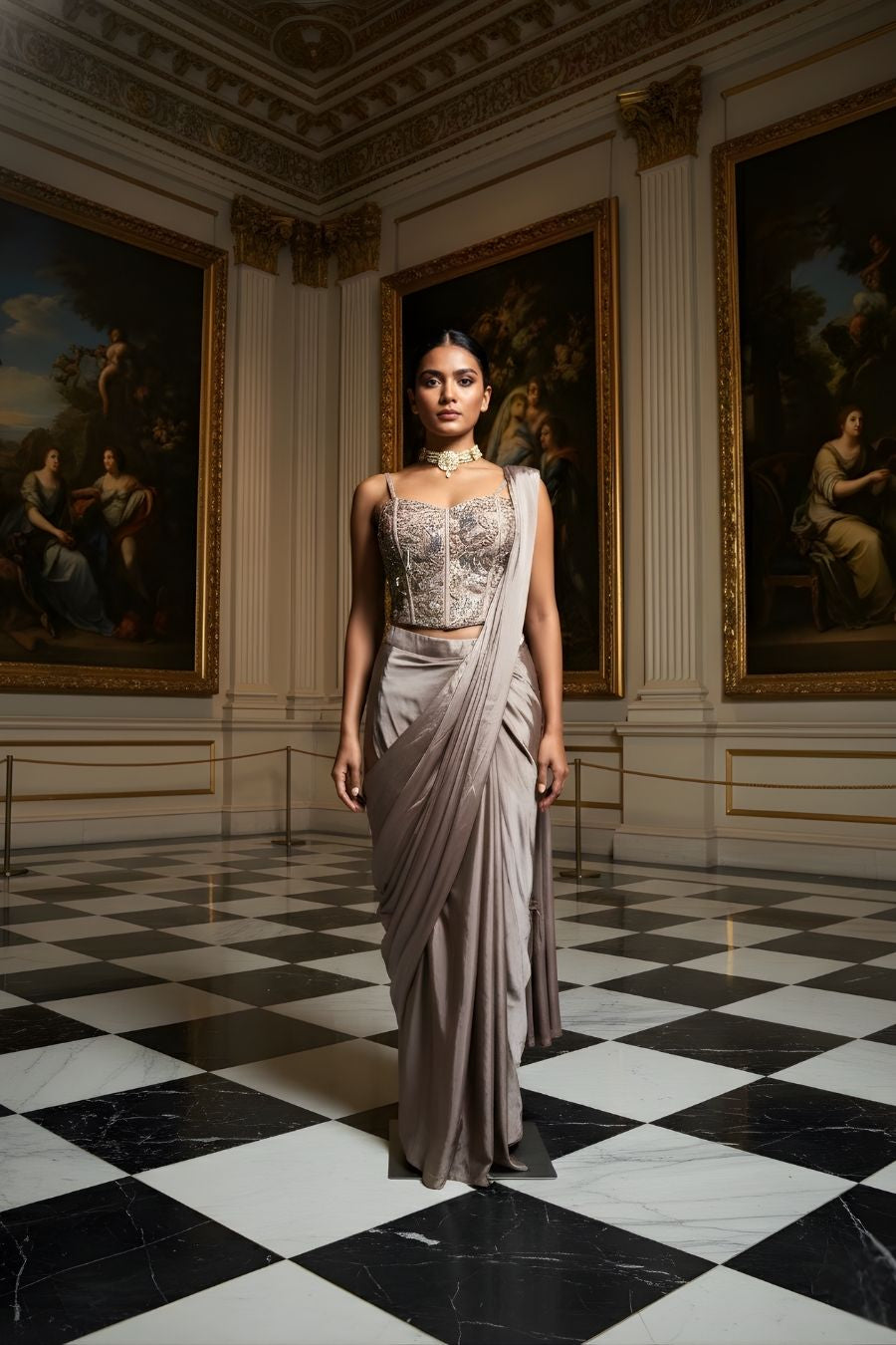 Taupe Silk Pre-Draped Saree with Embroidered Corset Blouse