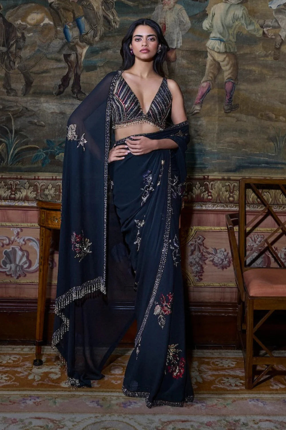 Seema Gujral - Black Crystal Georgette Saree