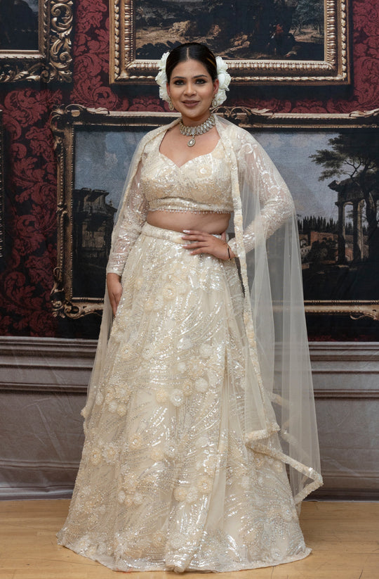 Esha – Ivory Pearl Hand-Embroidered Lehenga