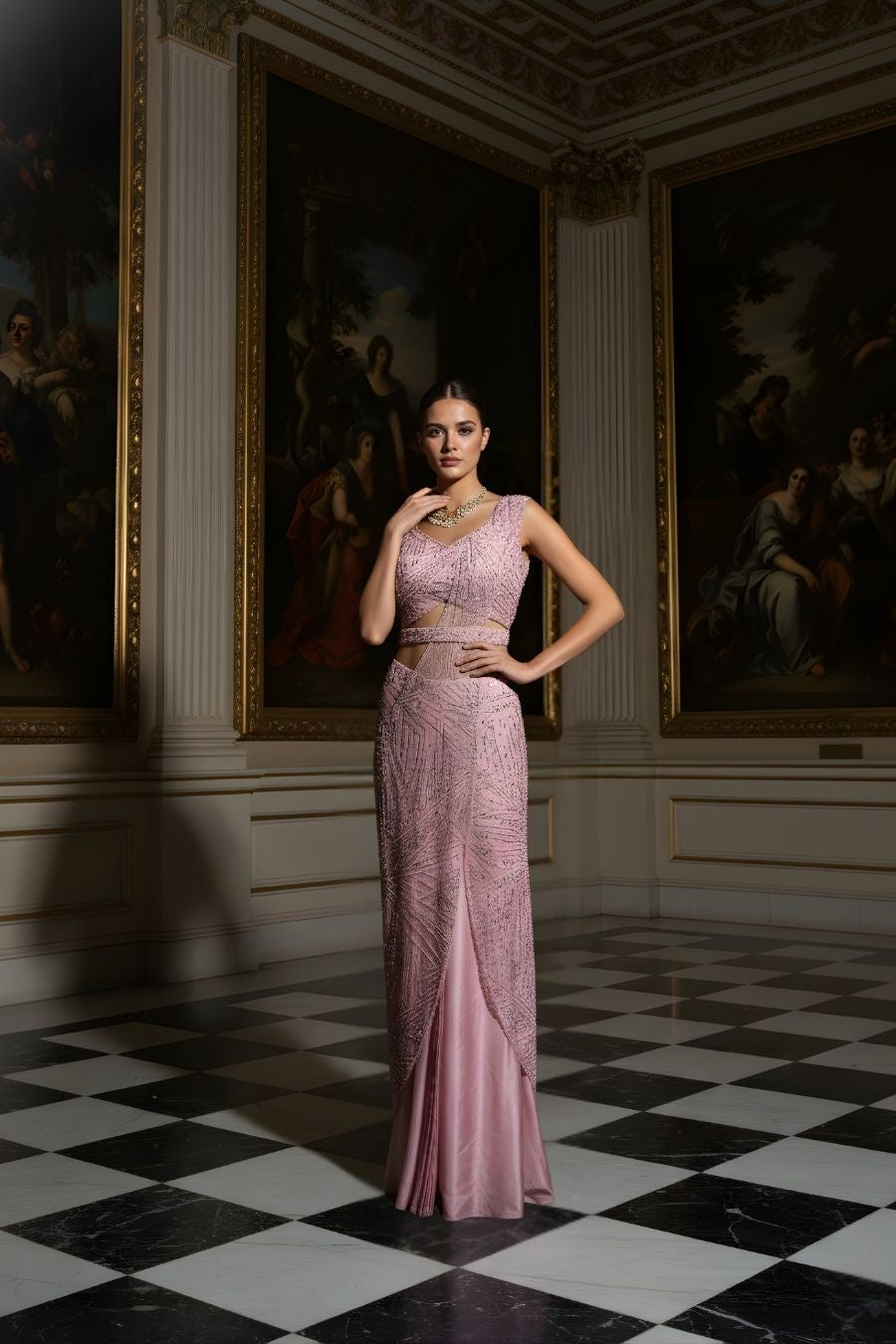 Blush Pink Hand-Beaded Indo-Western Gown Saree