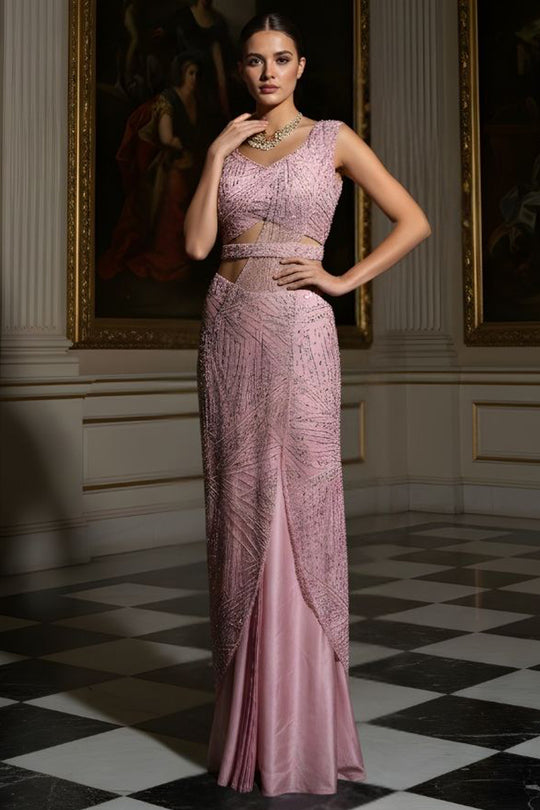 Blush Pink Hand-Beaded Indo-Western Gown Saree