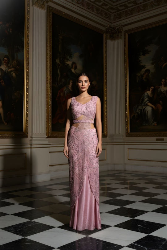 Blush Pink Hand-Beaded Indo-Western Gown Saree