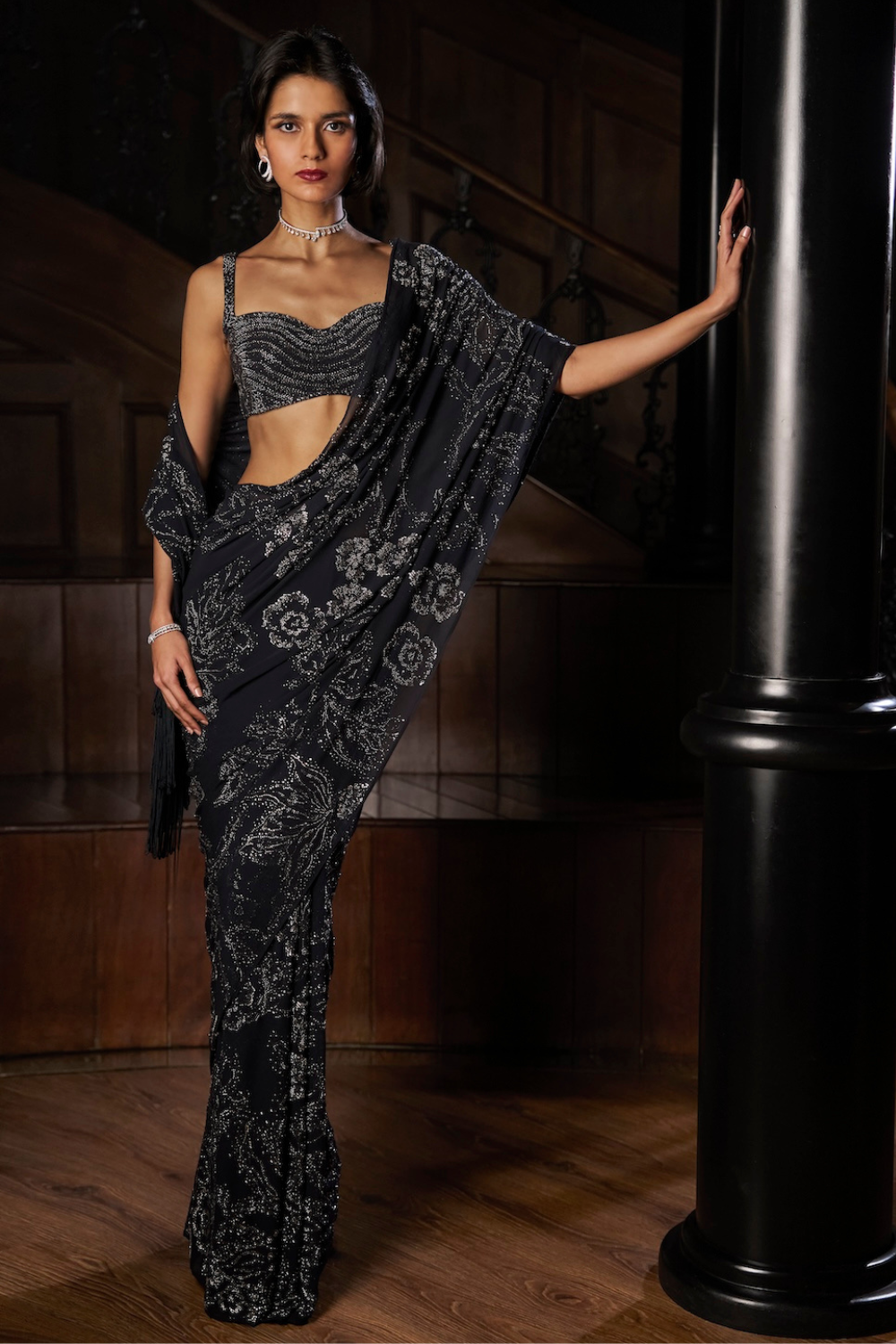 Seema Gujral - Steel Blue Crystal Georgette Saree