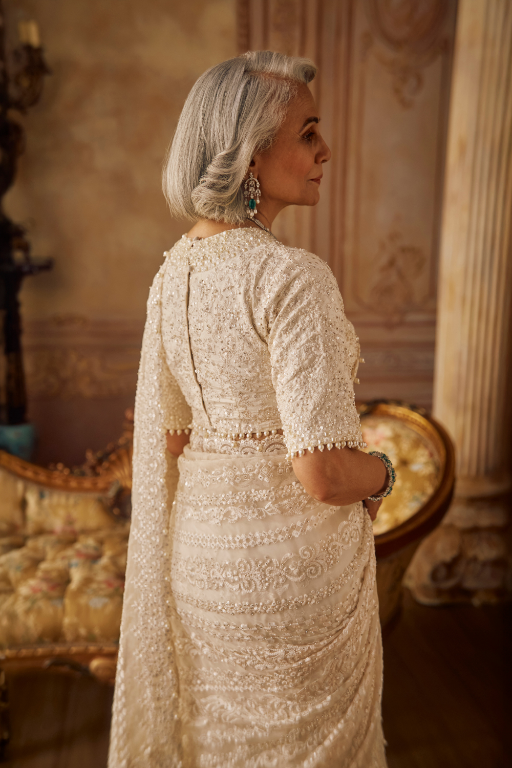 Seema Gujral -Ivory Organza Stripe Saree