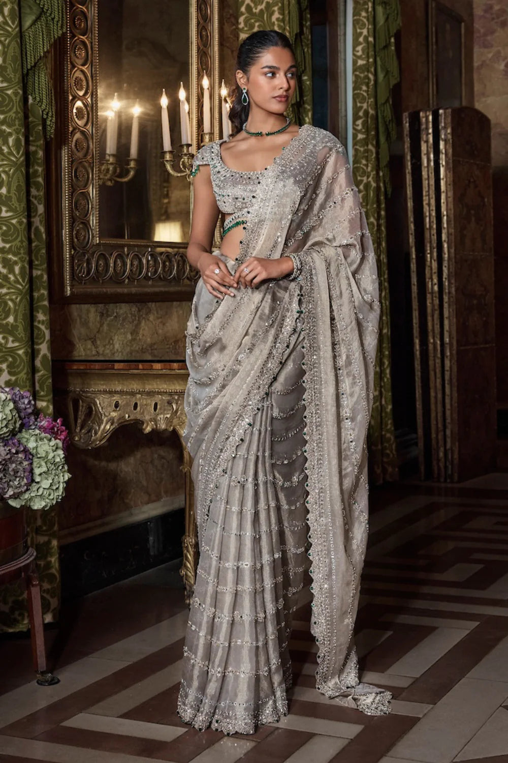 Seema Gujral - Champagne Emerald Crystal Saree