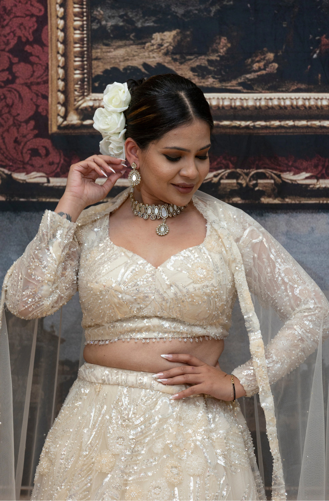Esha – Ivory Pearl Hand-Embroidered Lehenga