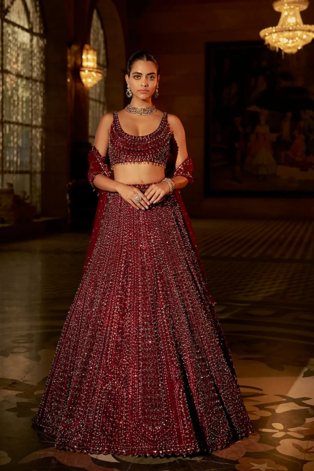 Seema Gujral - Maroon Sequin Lehenga Set