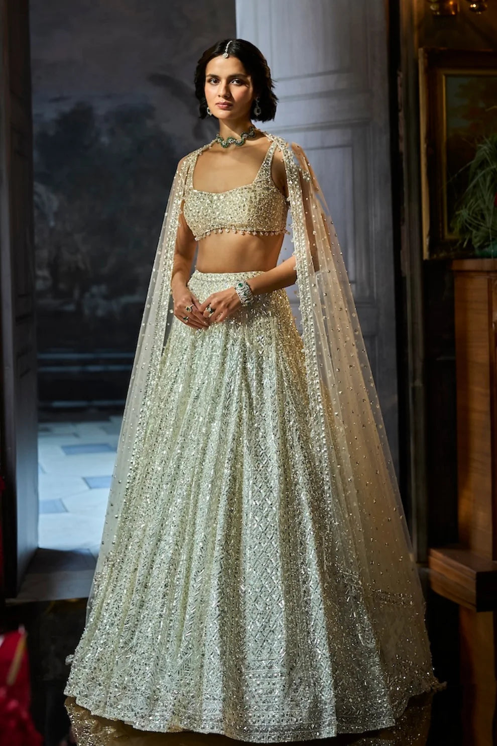 Seema Gujral - Milky White Sequin Lehenga Set