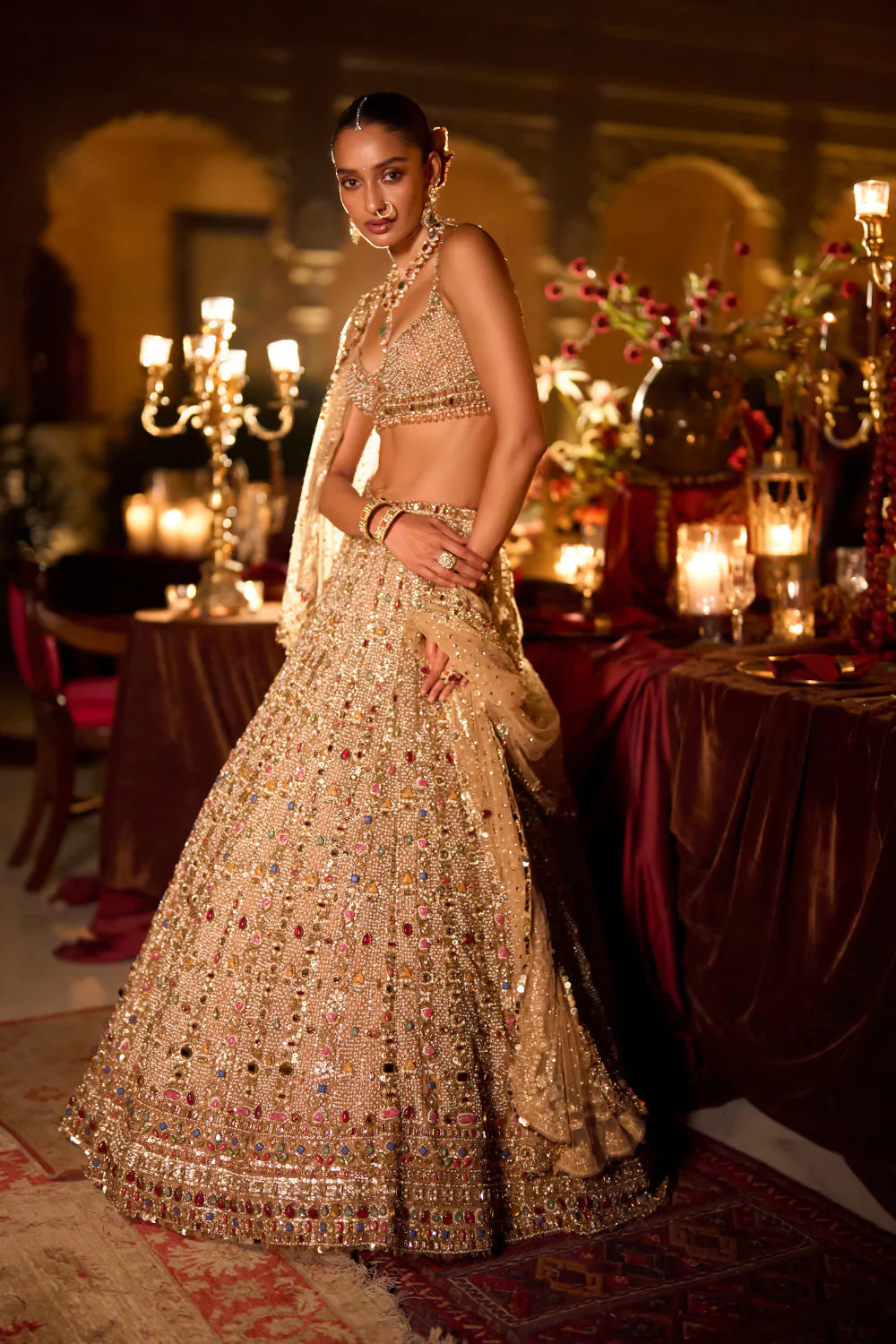 Seema Gujral - Multi-Coloured Stone & Pearl Lehenga Set