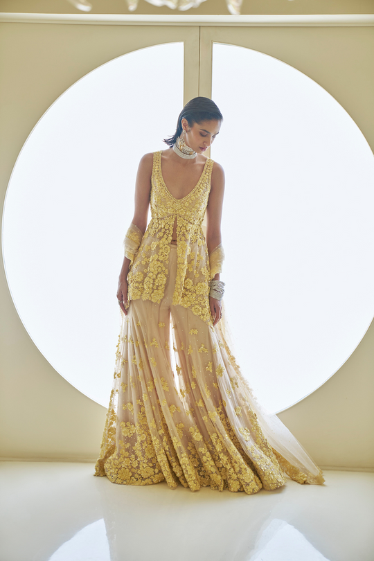 Seema Gujral - Yellow Three-Dimensional Floral Sharara Set