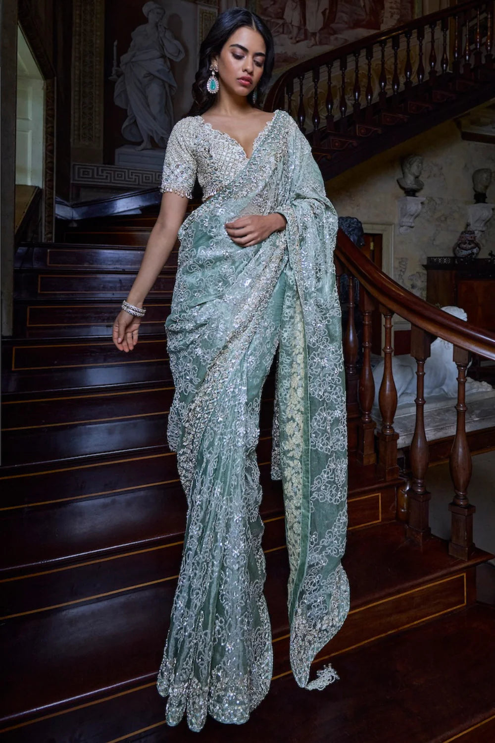 Seema Gujral - Ivory Sage Zardosi Saree