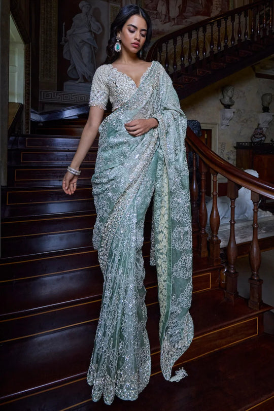 Seema Gujral - Ivory Sage Zardosi Saree
