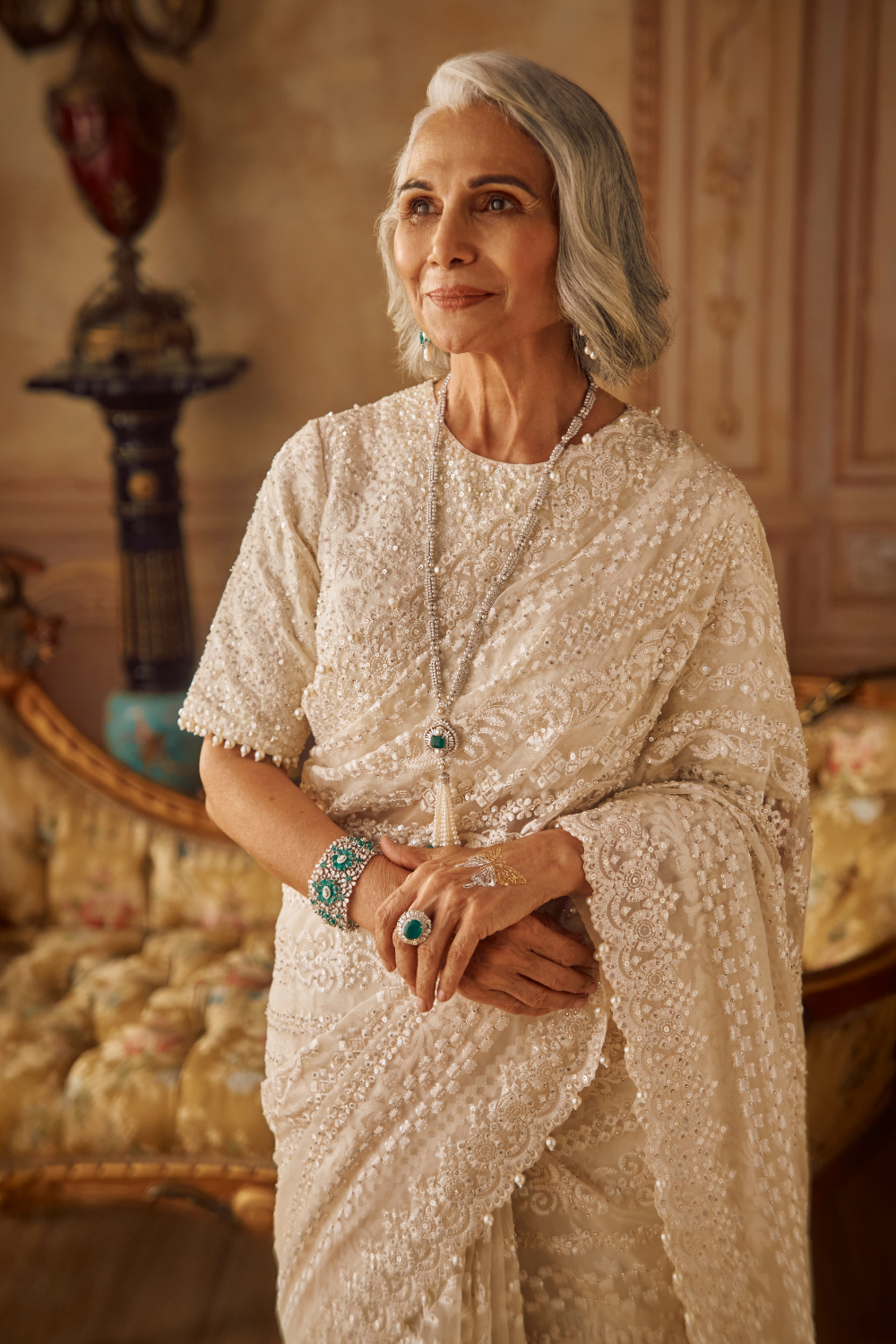 Seema Gujral -Ivory Organza Stripe Saree