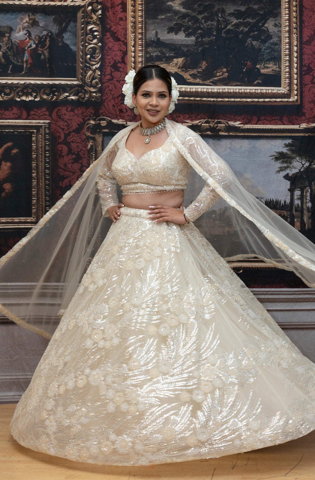 Esha – Ivory Pearl Hand-Embroidered Lehenga