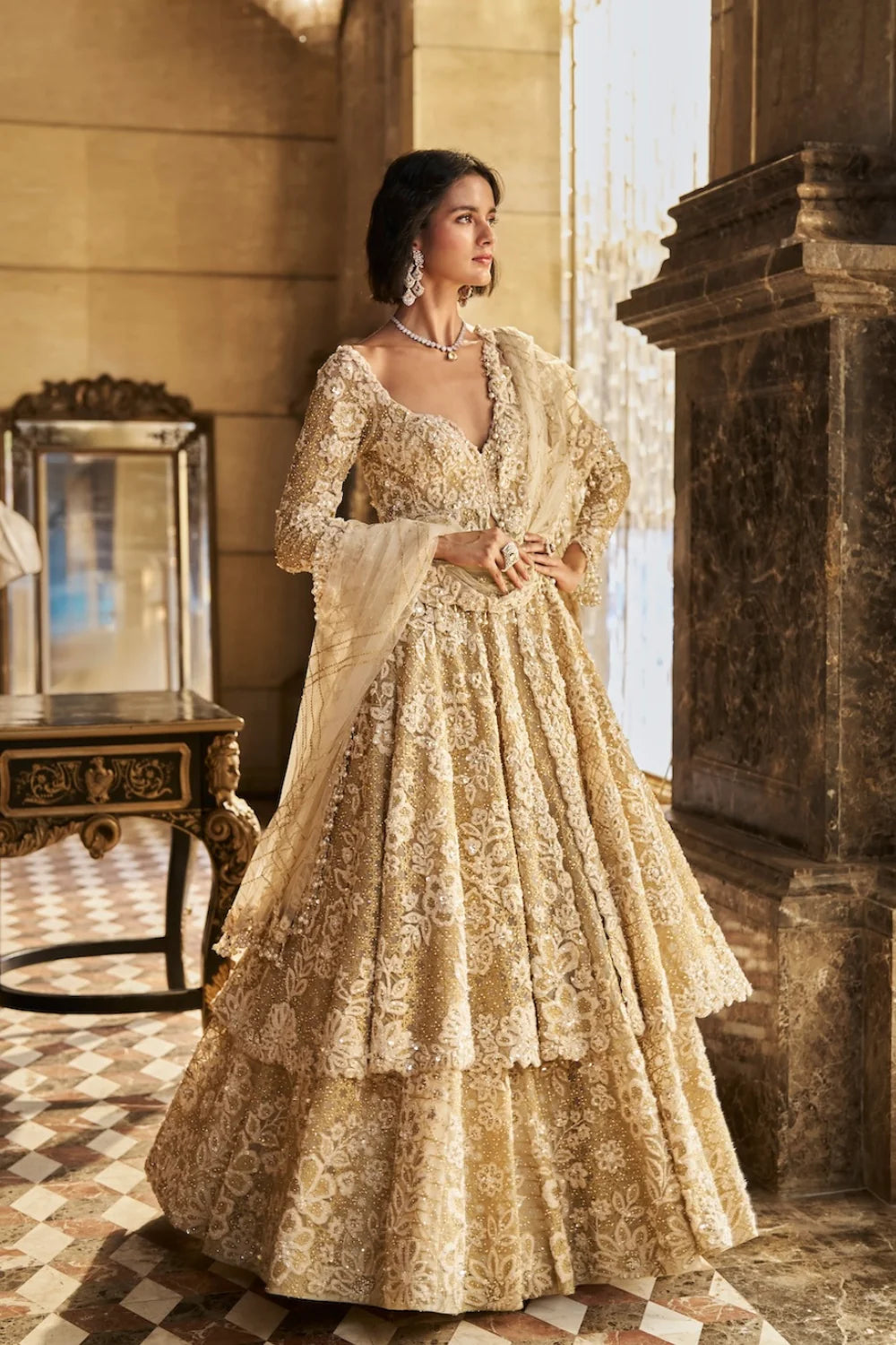 Seema Gujral - Cream Jacket Lehenga Set