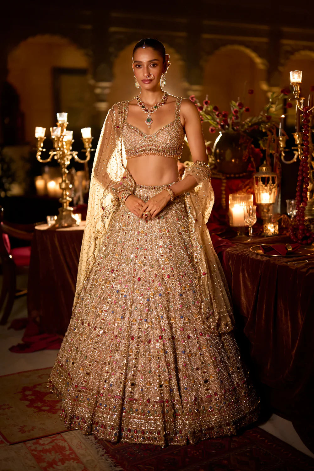 Seema Gujral - Multi-Coloured Stone &amp; Pearl Lehenga Set