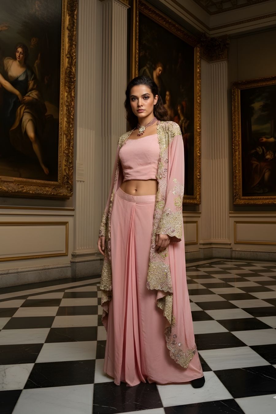 Blush Pink Indo-Western Palazzo Set with Hand-Embroidered Cape