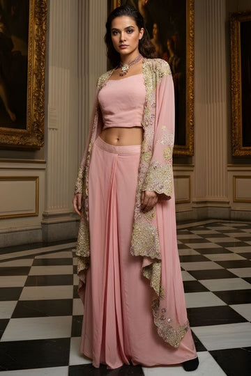 Blush Pink Indo-Western Palazzo Set with Hand-Embroidered Cape