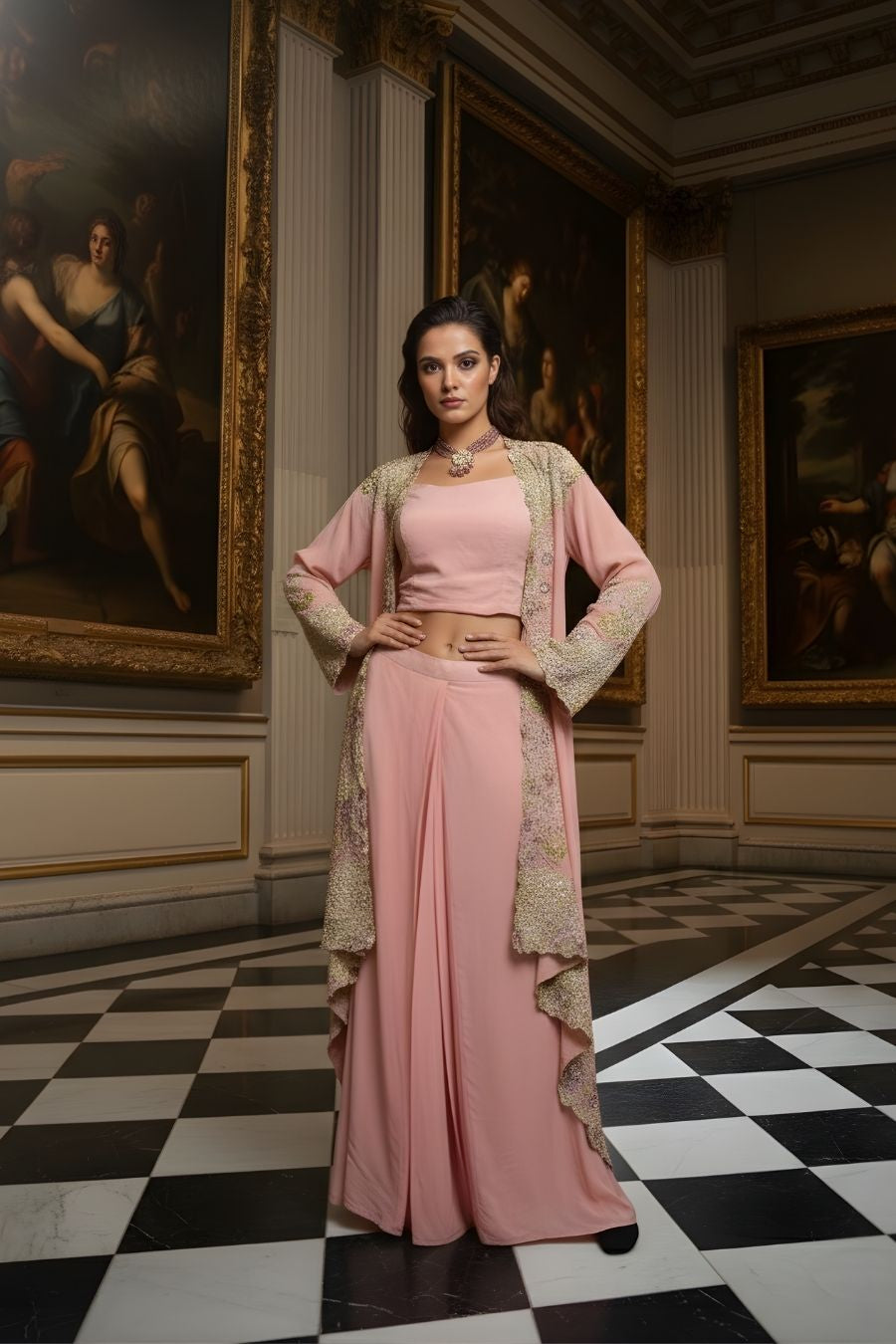 Blush Pink Indo-Western Palazzo Set with Hand-Embroidered Cape