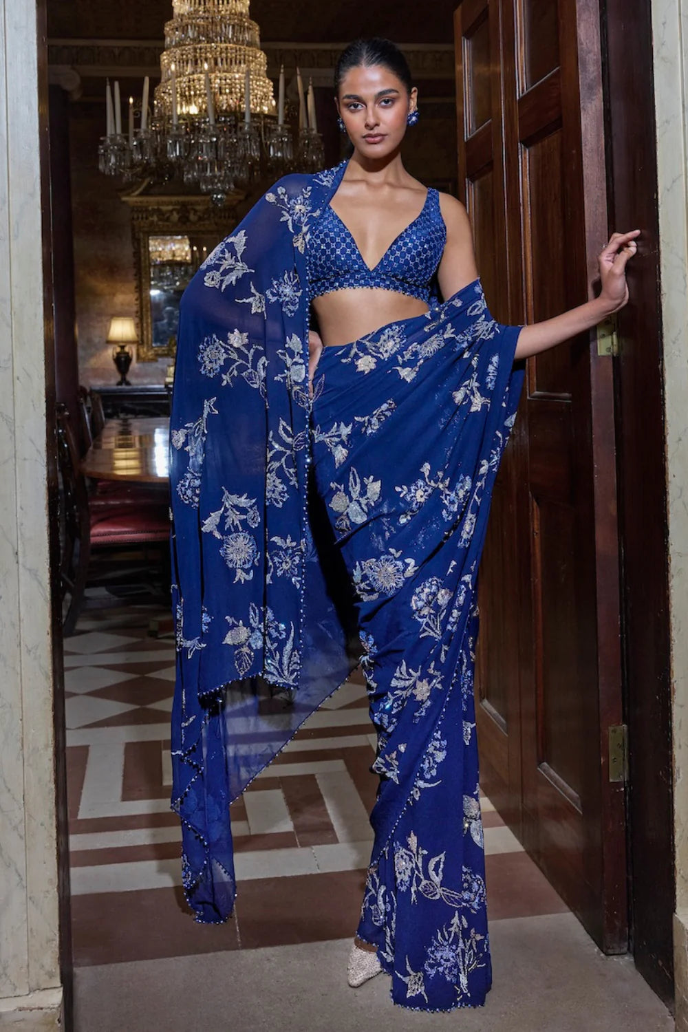 Seema Gujral - Navy Blue Floral Crystal Saree