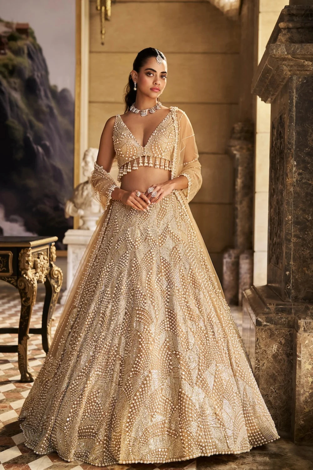 Seema Gujral - Nude Pearl Lehenga Set