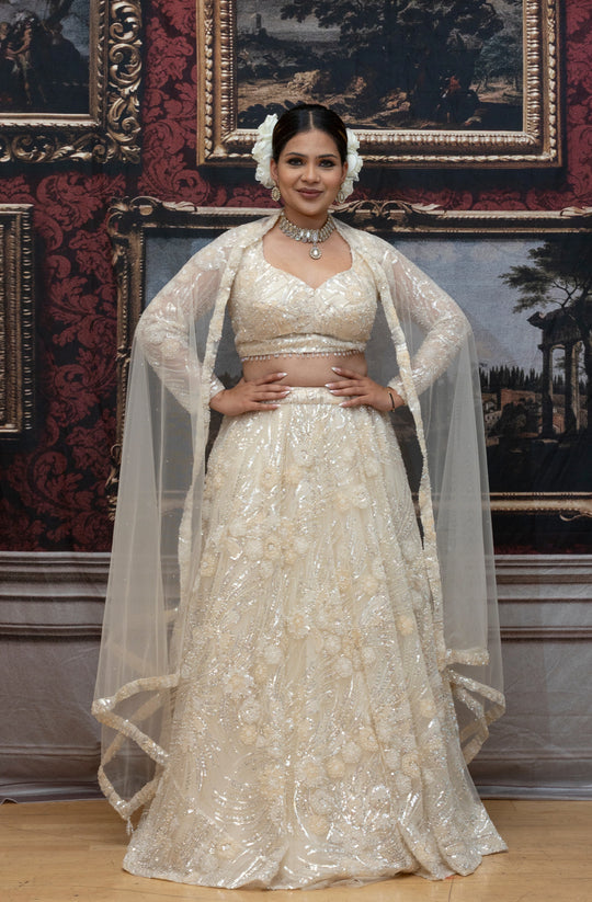 Esha – Ivory Pearl Hand-Embroidered Lehenga