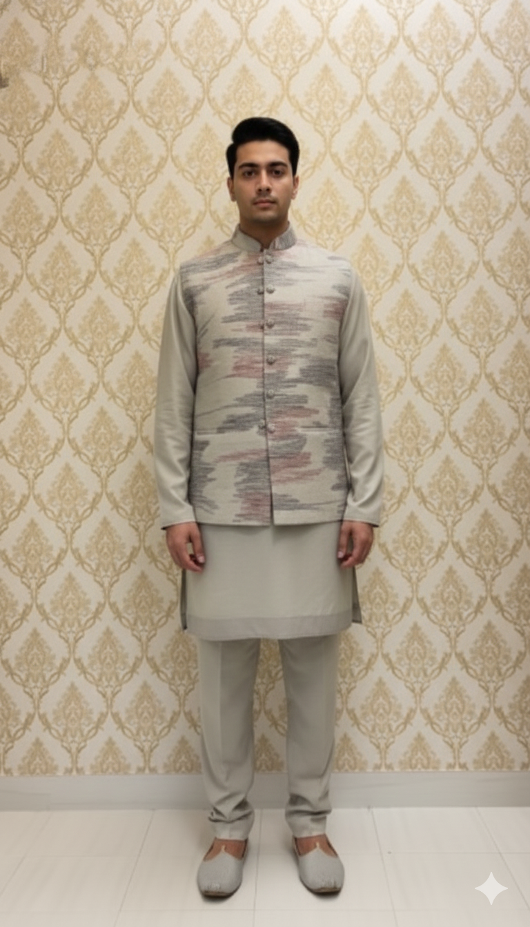 Grey Abstract Print Sherwani