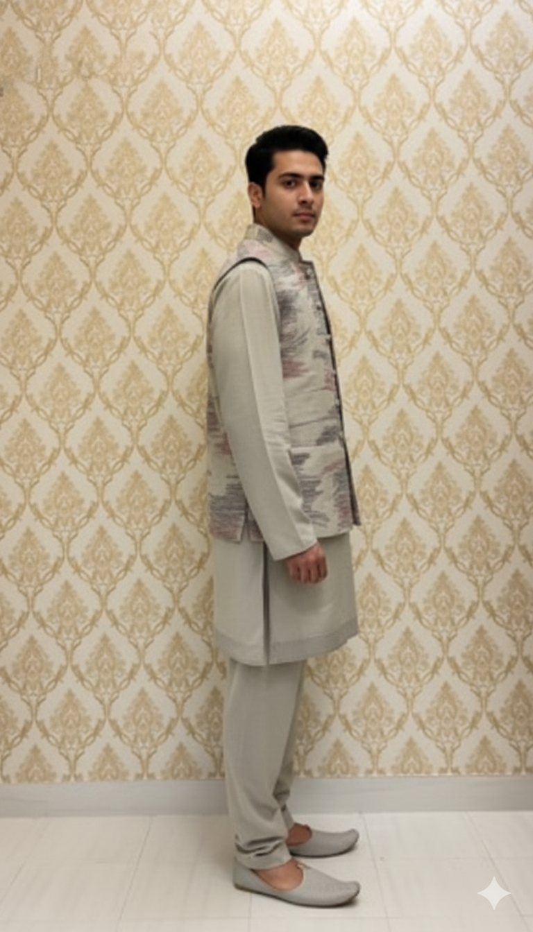 Grey Abstract Print Sherwani