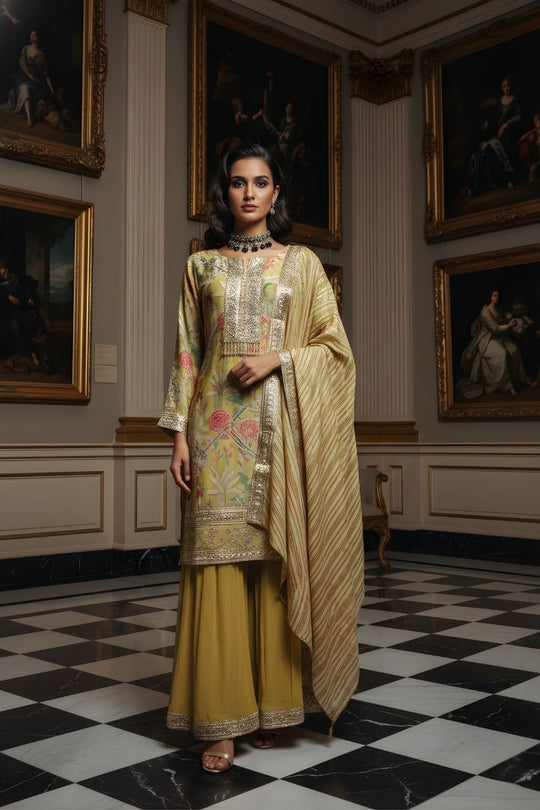 Olive Green Hand-Embroidered Sharara Set with Floral Motifs
